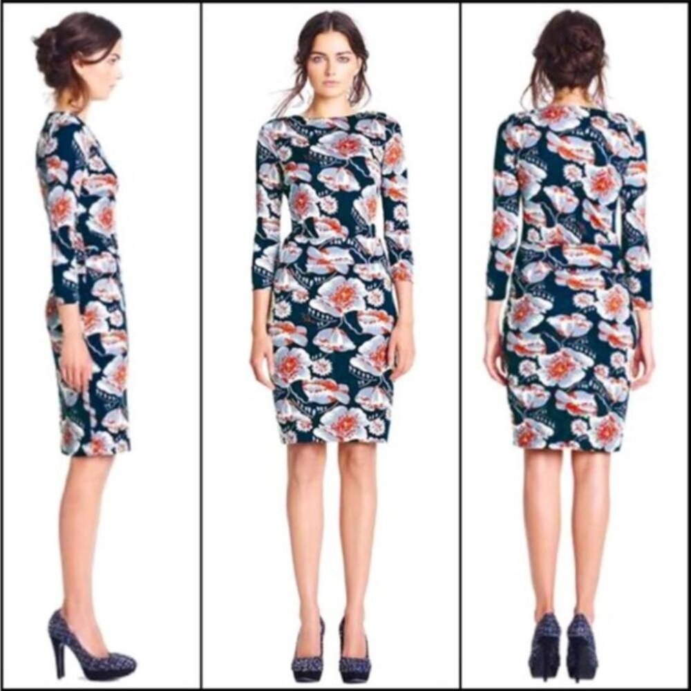 Tory Burch Sheila silk jersey sheath dress blue floral gold buttons stretch